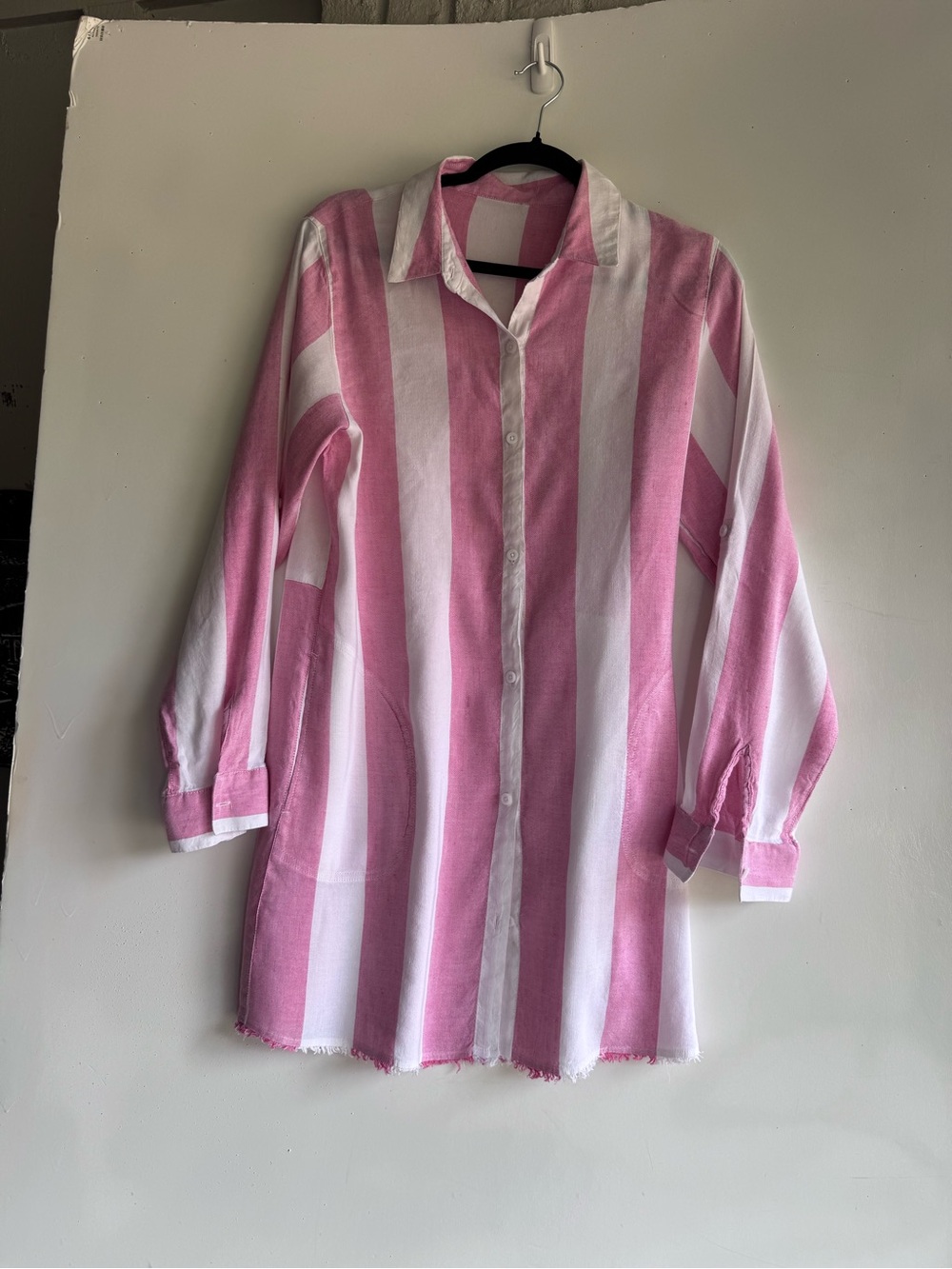 Tommy Bahama Sz M Wide Pink& White Stripe Long Top w/ Pockets 100% Cotton Rugby